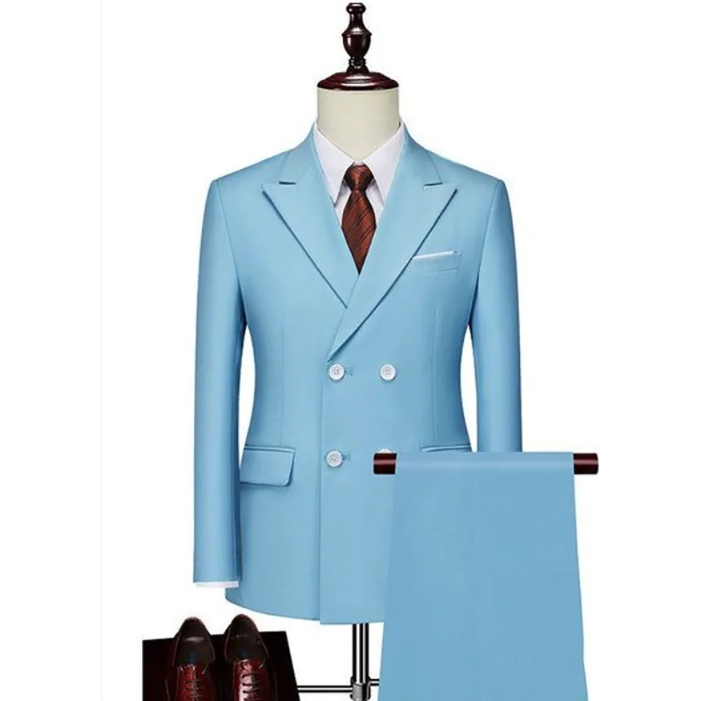 

Double Breasted Blue Men's Formal Suit Set 2 Piecs Blazer pants Peak Lapel Business High Quality Male Suits