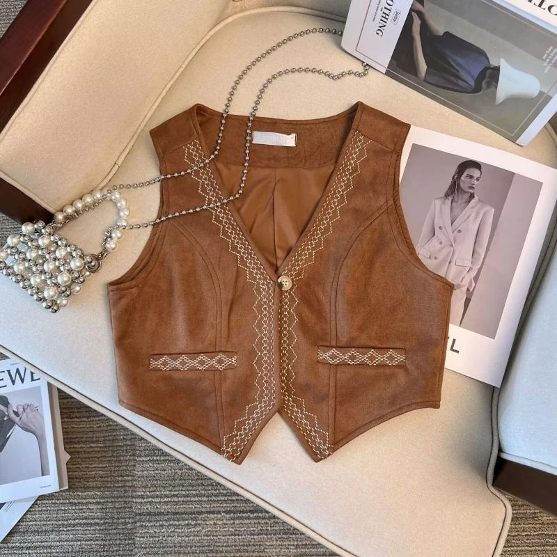 

Bohemian Vintage Heavy Embroidery Jackets Y2k Deer Skin Vest Coat Women 2025 Summer New Sleeveless Denim Tops Mujer