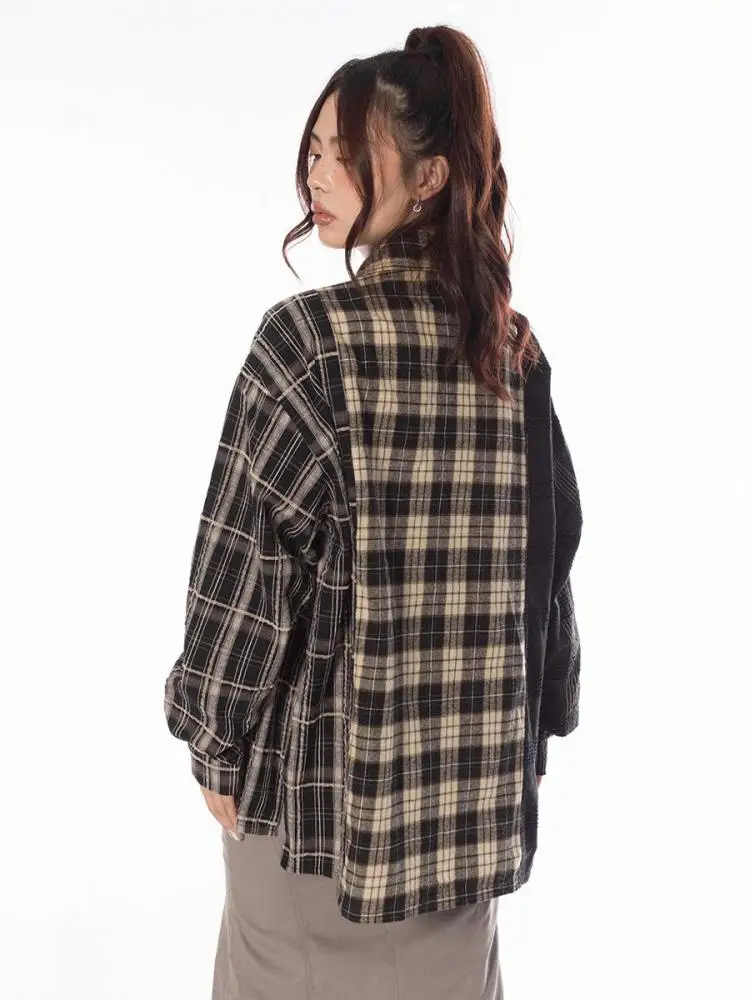 Tawaaiw Streetwear Patchwork Plaid Shirt Women Long Sleeve Korean Style Single Breasted High Quality Cotton Loose Blouse Chic