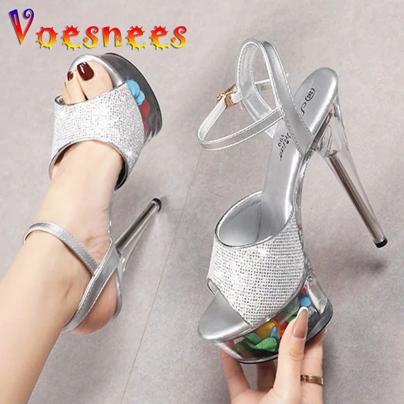 Sequin Cloth Sandals Bling Woman Summer Transparent Waterproof Platform Nightclub High Heel Shoe Super Model Catwalk Show Shoes