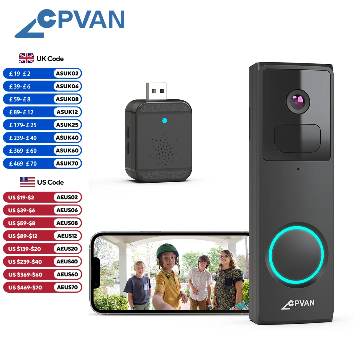 CPVAN 무선 2.4G 와이파이 비디오 초인종, 1080P HD 카메라 문짝 벨, AI 스마트 방수 야간 투시경 보안 카메라 초인종