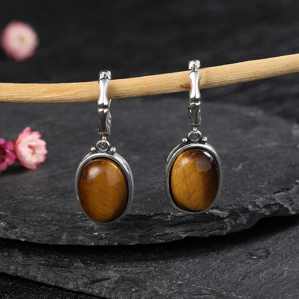 925 Sterling Silver Natural Tiger Eye Stone Bone Hoop Earrings for Women Fine Gift Party Wedding Engagement Pendant Ear Jewelry