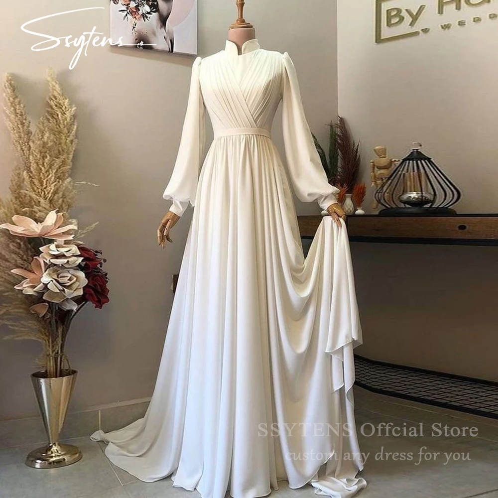 SSYTENS Elegant A Line Wedding Dresses High Neck Long Sleeves Bride Gowns Muslim Pleats Satin Vestido De Novia Customized 2025