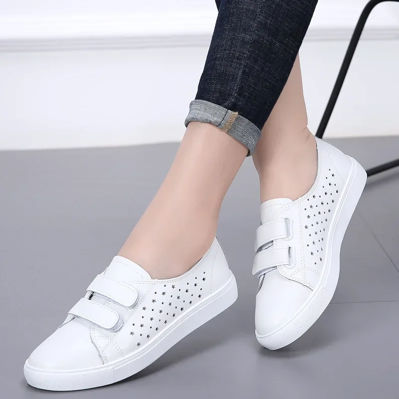 Summer White Women Shoes Moccasins for Genuine Leather Flats Hollowed Breathable Loafers Shoes Women\'s Soft Casual Flat Size 41