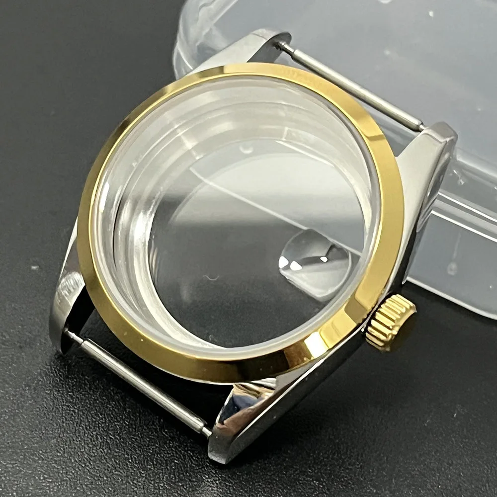 

36mm suitable for NH35 automatic movement, semi-gold case polishing, 20MM bracelet rotating crown accessory, transparent bottom