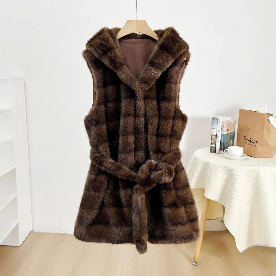 New Women's Belted Vest Top Fake Mink Horizontal Stripe Jacket with Hoodie Stylish Short Fitting Coat Fur