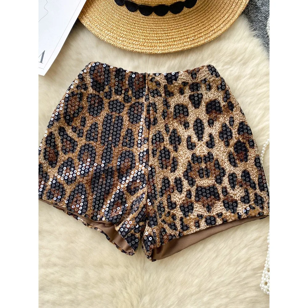 

Базовые винтажные сексуальные шикарные короткие брюки с леопардовыми пайетками, модная уличная одежда, клубная уличная женская повседневная одежда