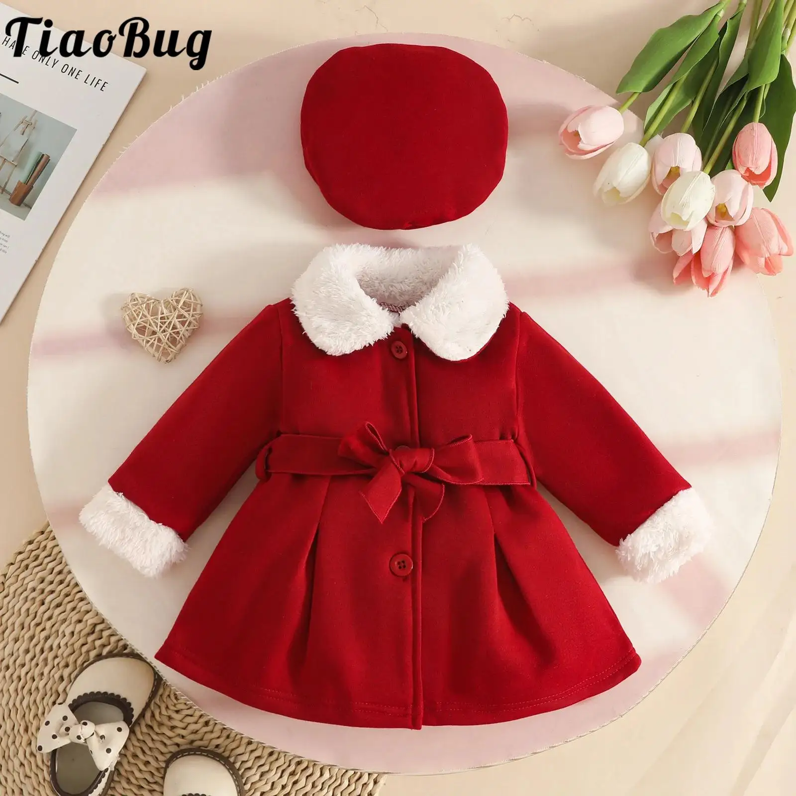 

Одежда для маленьких девочек, рождественское пальто, зимняя теплая куртка с меховым воротником, верхняя одежда на пуговицах с длинными рукавами и поясом, шапка, наряды
