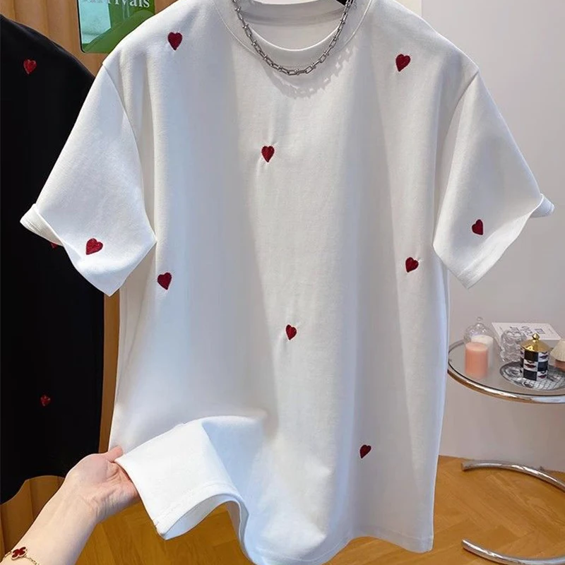 Verão amor bordado masculino o pescoço manga curta t camisa adolescente moda all-match 2xl roupas de casal de grandes dimensões preto branco cinza