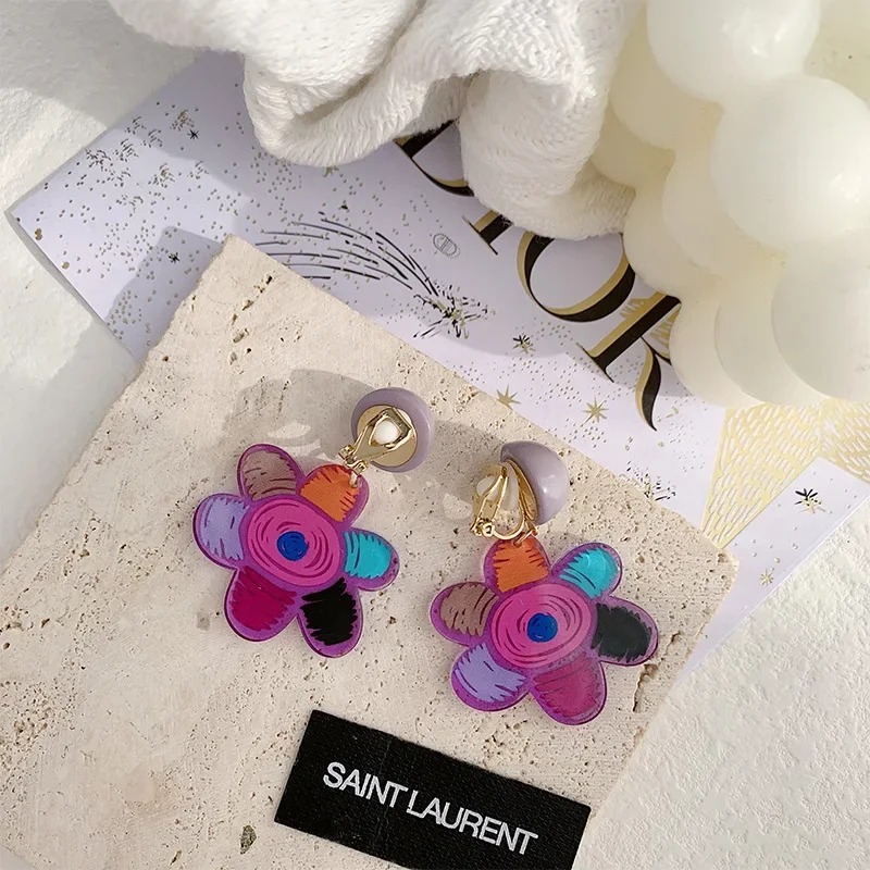 Colorful Tulip Flower Acrylic Ear Clips Earrings Elegant Exaggerated Geometric Clip Earrings Without Ear Holes for Women Gifts