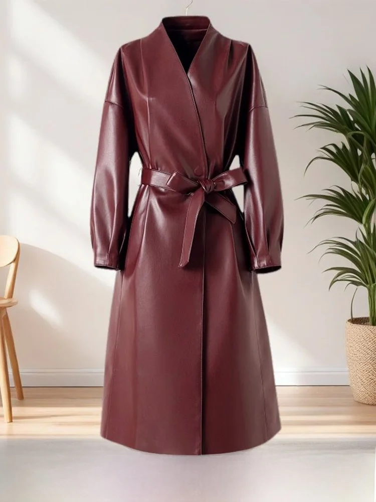 

Ladies Genuine Leather Coat V-Ne Mid-Length Slimming eepskin Windbreaker European Sle Faionable Outerwear