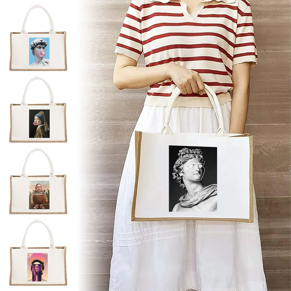 

Reusable Jute Burlap Shopping Bag Handbags for Women Grocery Eco Bag Female Tote Bag Cloth Shopper Bag Purse Friends Print