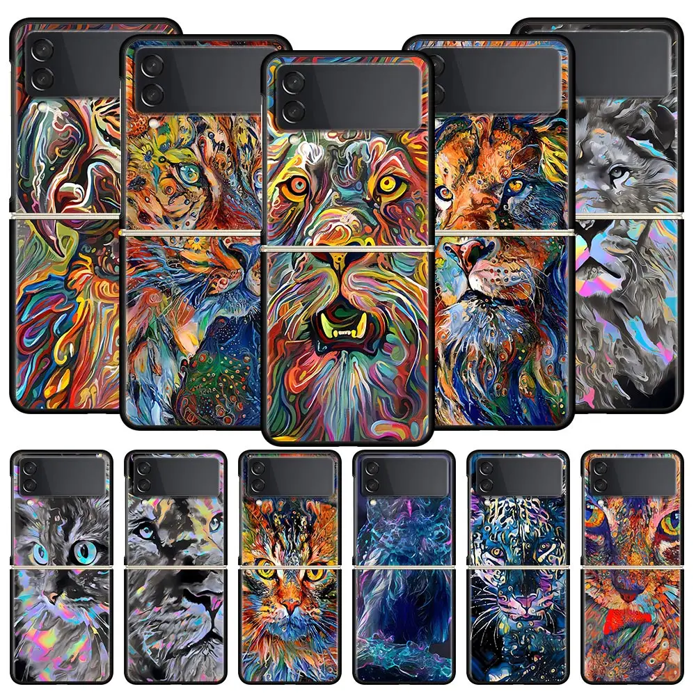 Abstract Surreal Animal Lion Phone Case for Samsung Galaxy Z Flip 3 4 5 Black Folding Mobile Shell Hard PC Coque Protect Cover