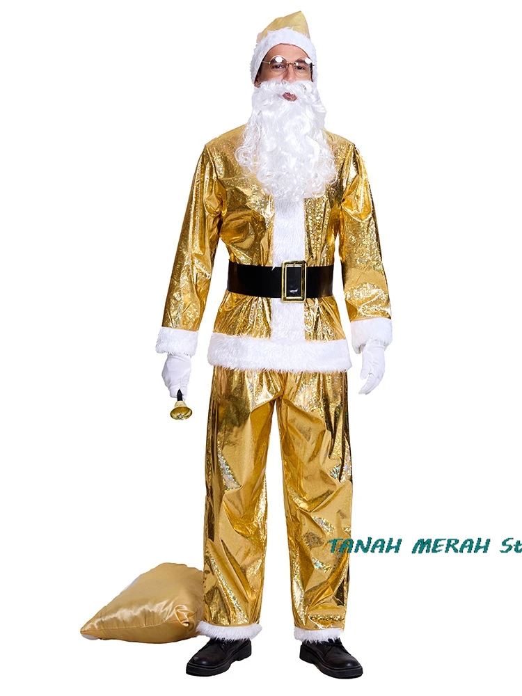 Gold Christmas Santa Claus Costume Men Gold Beard Top Cloth Pants Hat Belt Beard Halloween Dress Up Suit Cosplay Festival Outfit