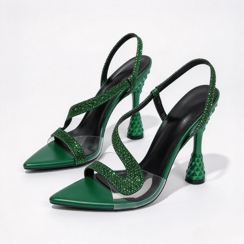 Sandales de luxe sexy à strass pour femmes, chaussures de soirée d'été en PVC à bout pointu, escarpins élégants et creux de créateur, talons hauts pour dames