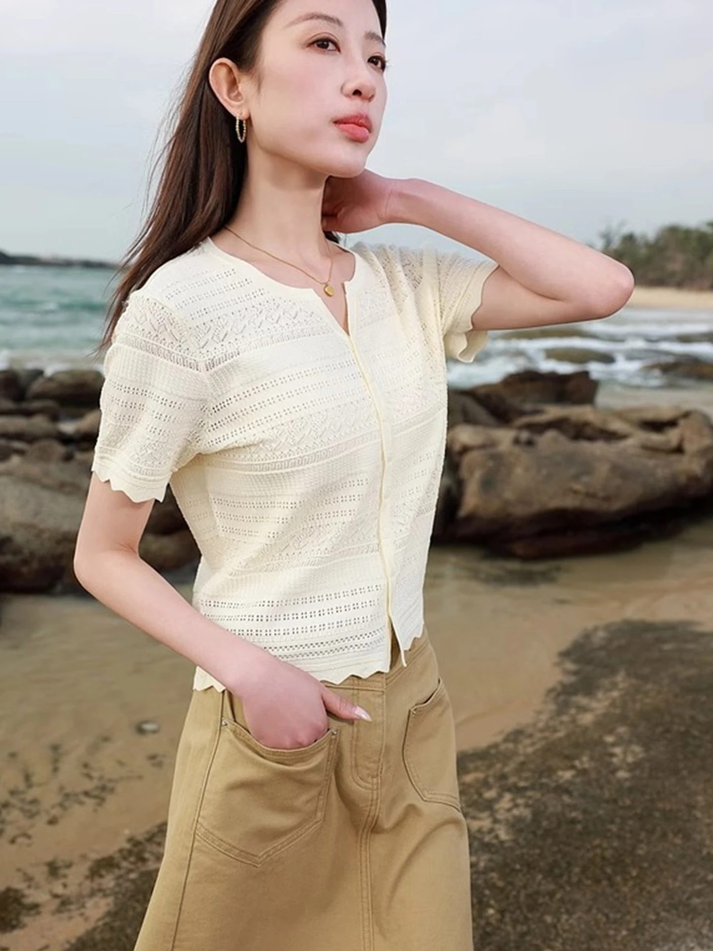 Cárdigan de Punto de Seda Helada con Diseño Calado, Estilo Informal, Cseta de Manga Corta, Ropa de Verano para Mujer