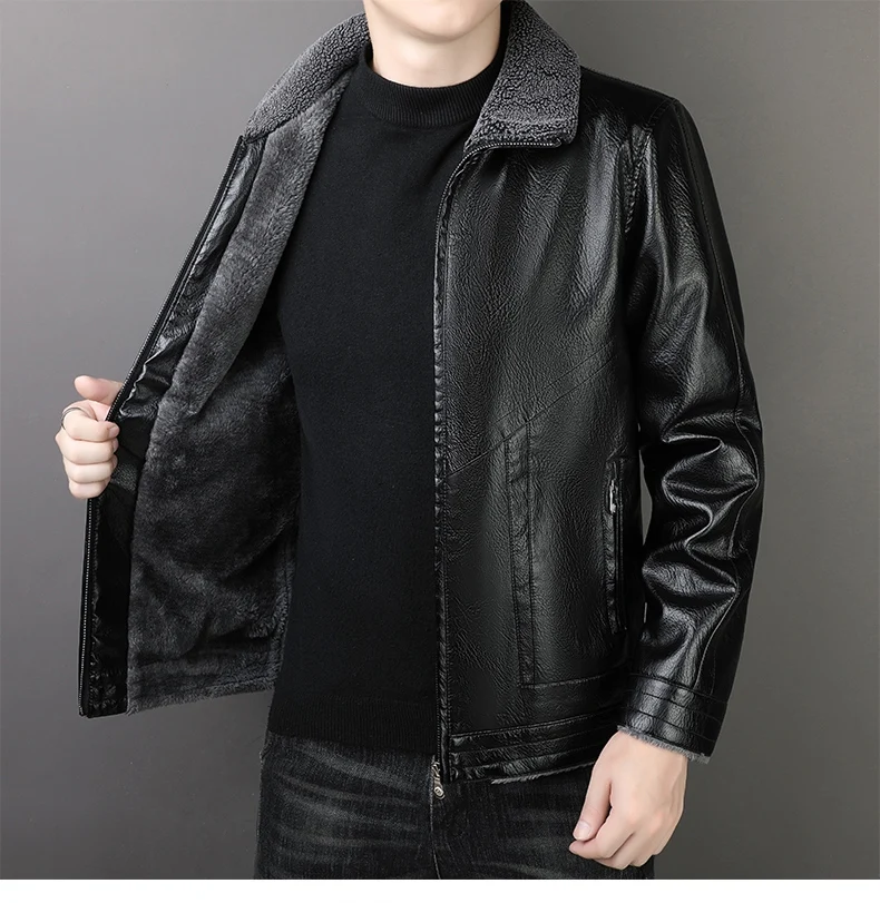 Winter Men\'s Fur Collar Leather Jacket Fashion Simple Solid Color Windproof Cargo Flying PU Leather Coat Vintage Men\'s Wear