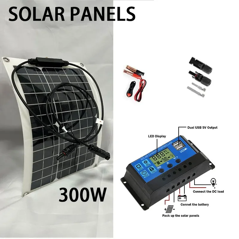 300W Solar Panel 12/24V Charger 30A/60A Controller Power Supply System Photovoltaic Power Generation Household Components