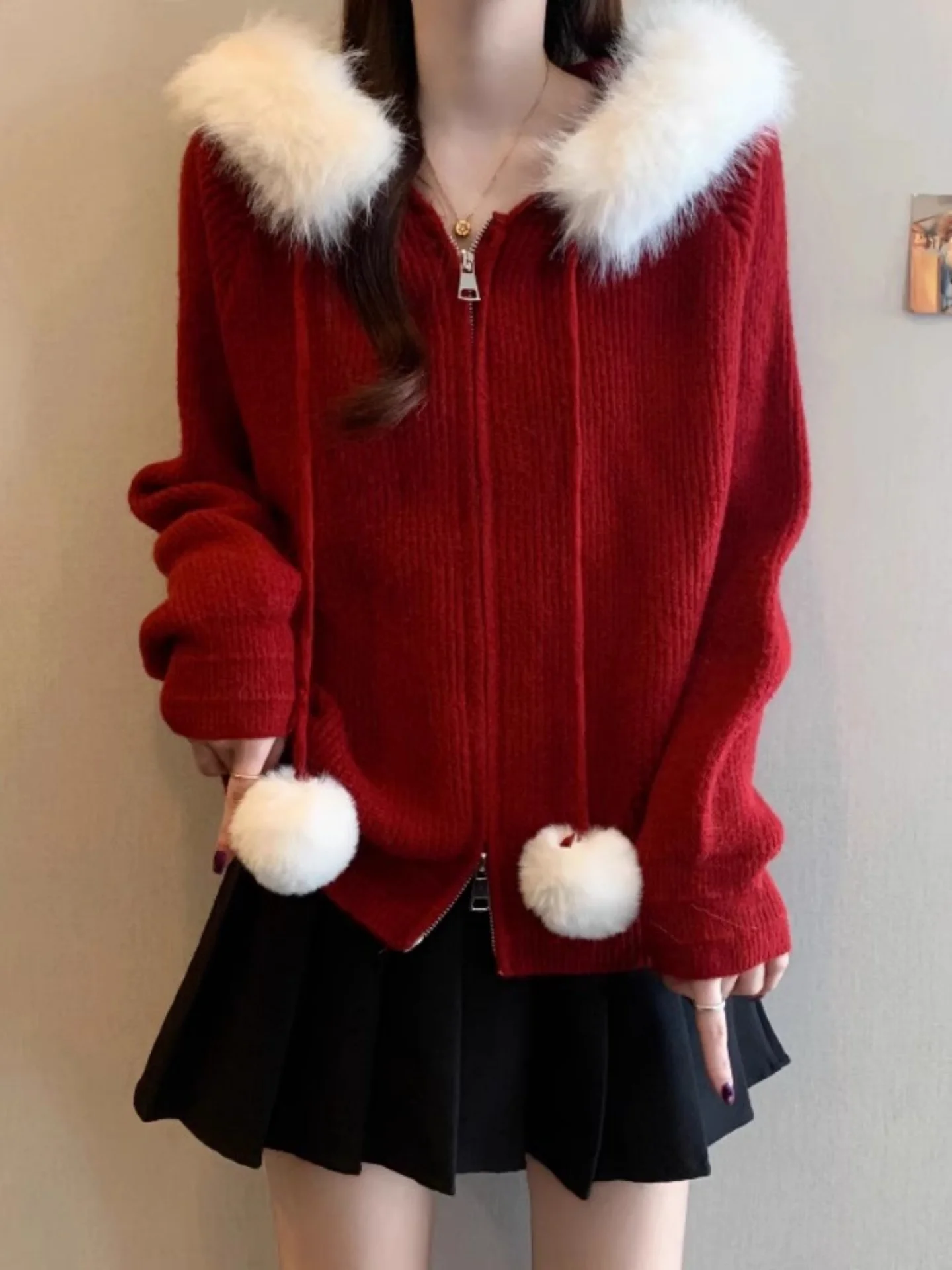 

Red Hooded Knit Sweater Coat Women's Loose Faion Winter Outerwear Casual Long Sve Zipper Closure Color Top