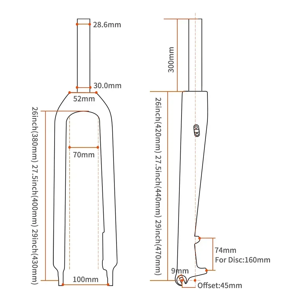 TOSEEK Full Carbon Fiber Bicycle Front Forks 26/27.5/29\