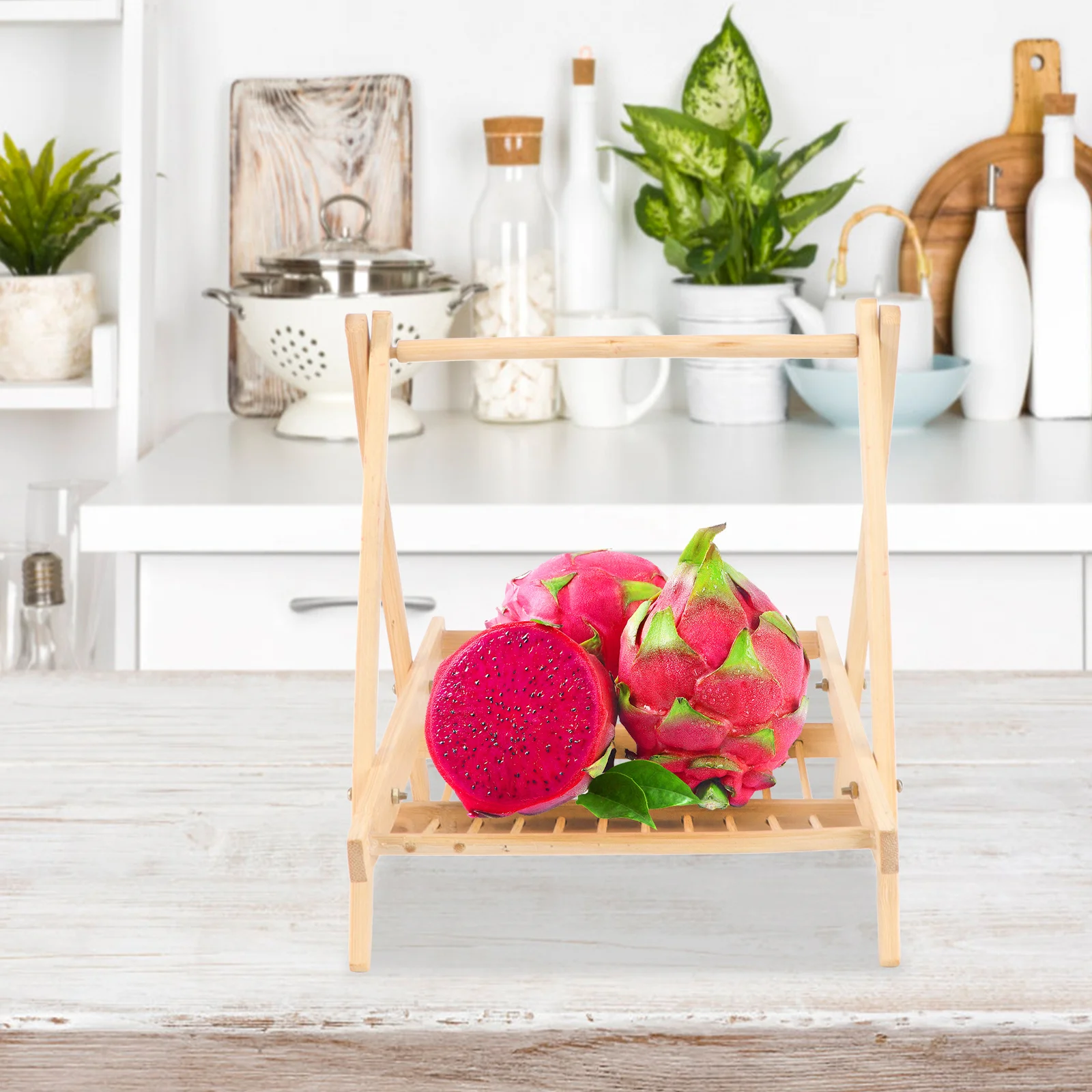 

1Pcs Bamboo Food Tray Foldable Hollow Fruit Rack Spacious Vegetable Display for Restaurant Kitchen Desktop Storage