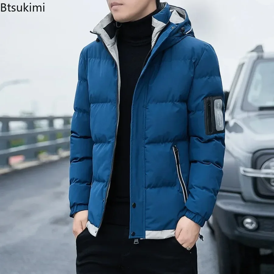 2024 Winter Korean Style Parkas Men\'s Puffer Jacket Long Sleeve Hooded Coats Bomber Jacket Thicker Warm Zipper Outerwear for Men