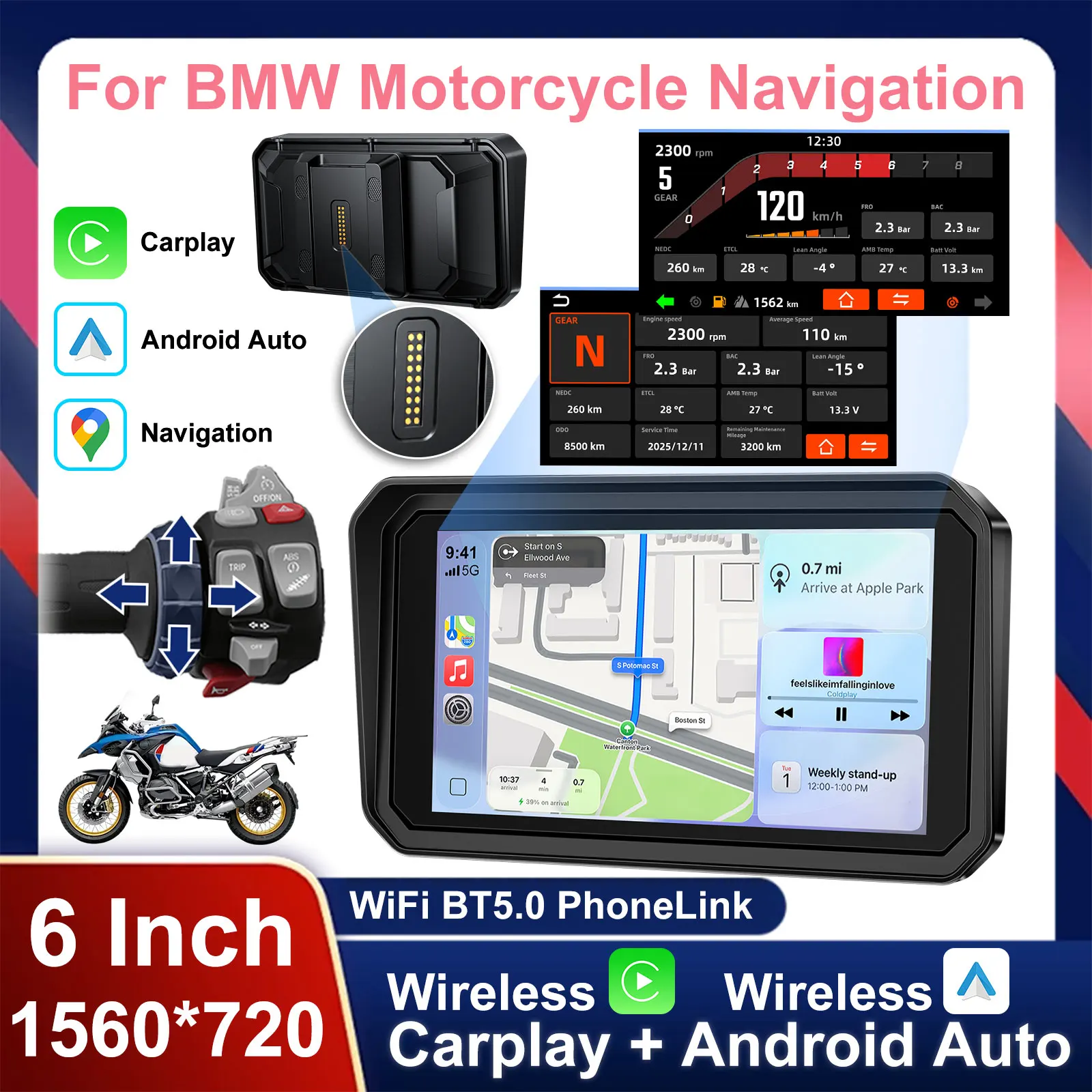 

6-дюймовый GPS-навигатор для мотоциклов с беспроводным CarPlay и Android Auto для BMW F750GS, XR, M1000, R1200GS, R1250GS, R1300GS, S1000XR