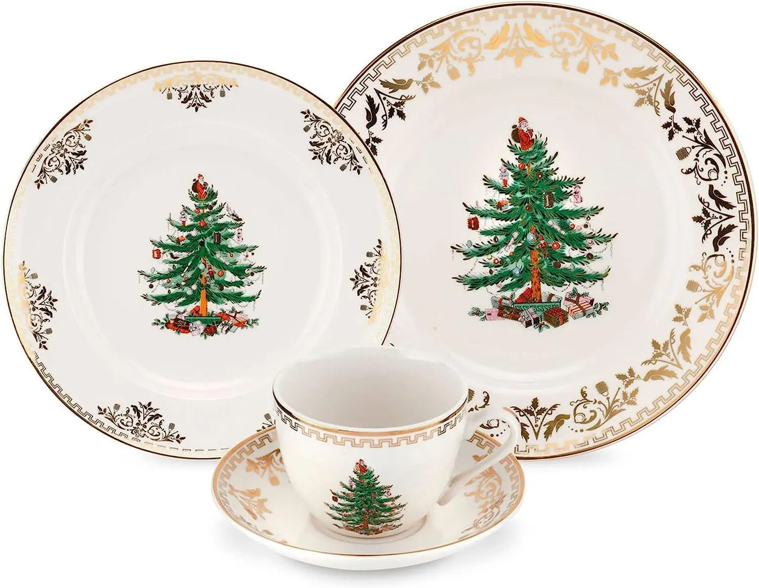 

Christmas Tree Gold 4-Piece Holiday Dinnerware Set - Fine Earthenware Tableware with 22K Gold Accents - Dinner Plate, Salad Plat
