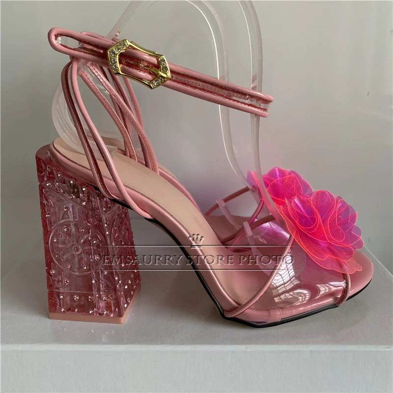 Handmade Jelly Flower Modern Sandals Women Jeweled Diamond Square Heel PVC Transparent Summer Shoes For Girls