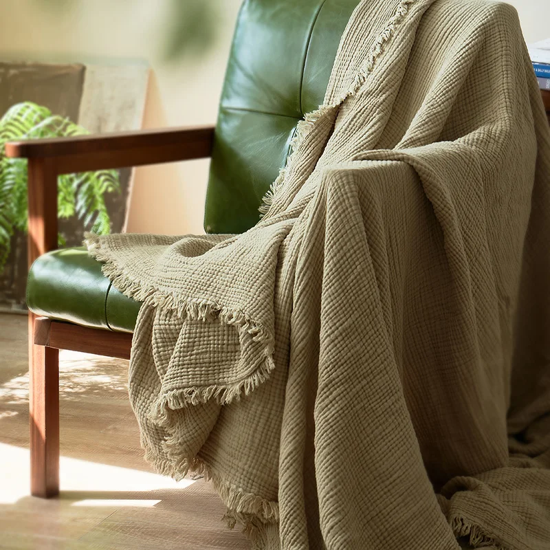 AIWINSURE-Simple Cotton Throw Blanket for Sofa Bed, Soft, Breathable, Vintage, Four-Layer Yarn, Tassel Blanket, 200x230