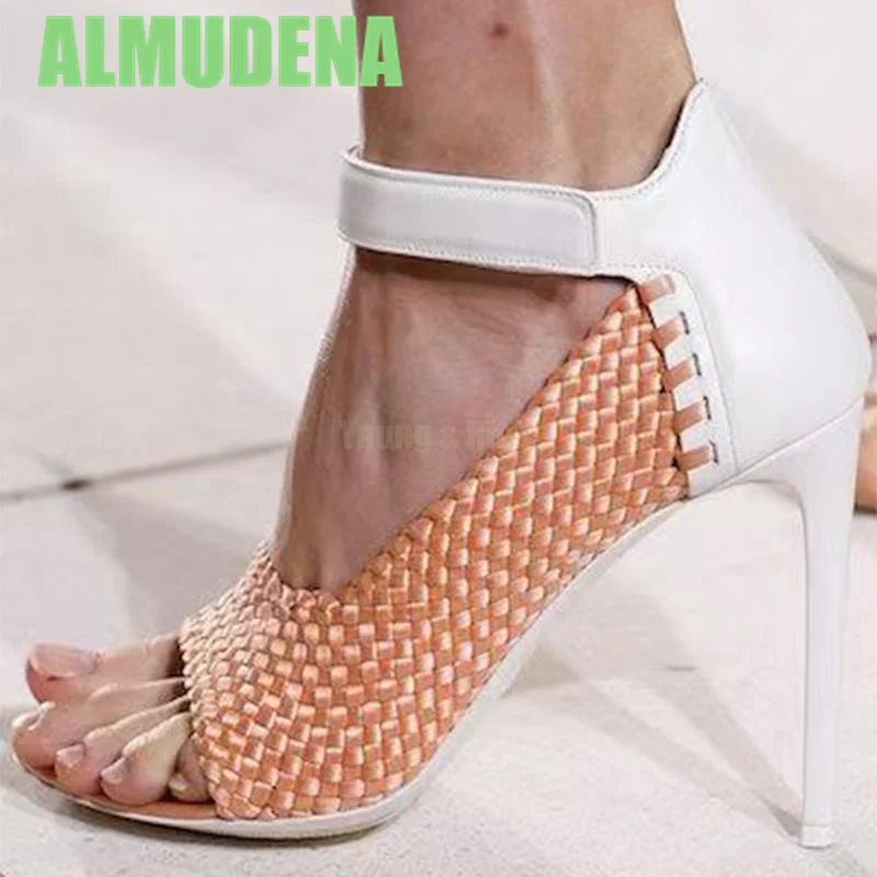 Knitted Pu Leather Patchwork High Heels Fashionable Ankle Strap Buckle Design Slim Heel Sandals Sandalias De Mujer Verano