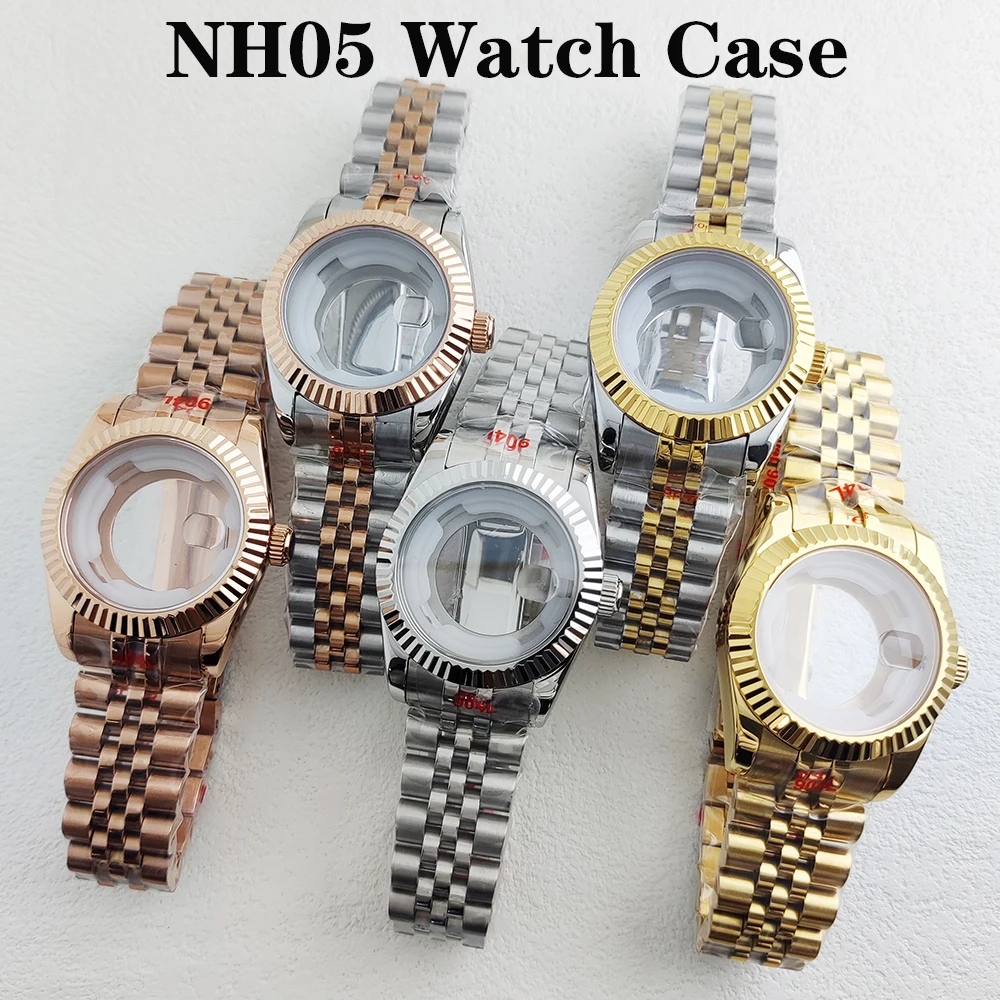 

31mm Silver Stainless Steel Watch Case With Strap Round Polished Fluted Bezel Sapphire Glass Magnified Fit ForNH05 NH06 Movement