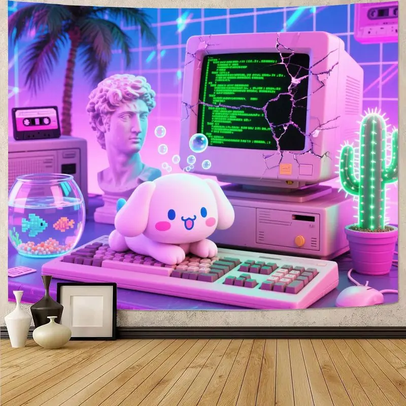 

1 шт. кавайный гобелен с розовой собакой Vaporwave, эстетический ретро 90-х годов игровой ПК неоновый настенный рисунок для девочек, спальни, гостиной, декор в общежитии, подарок