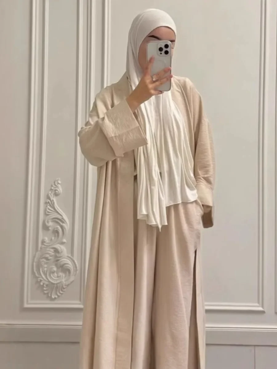 

Muslim 2 Piece Set Women Abaya Blouse Long Cardigan Shirt Wide Leg Pant Suit Ramadan Morocco Dubai Islam Ensemble Arabic Outfits