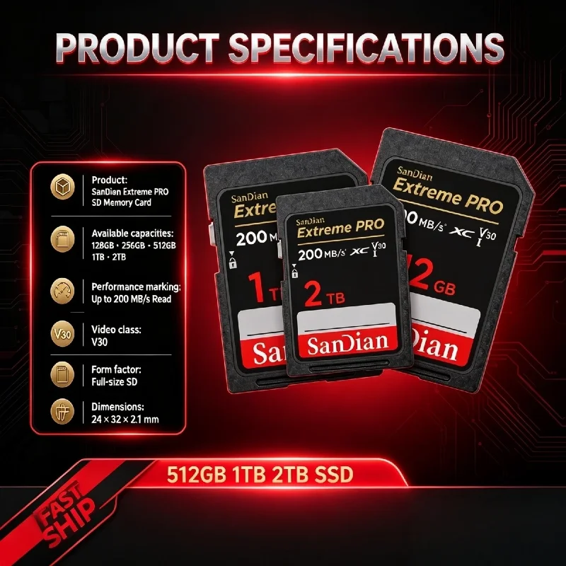 Original Extreme PRO Flash SDXC Card U3 V30 Class10, Up to 200MB/s Read, 4K UHD Video Memory Card for Camera 128GB to 512GB