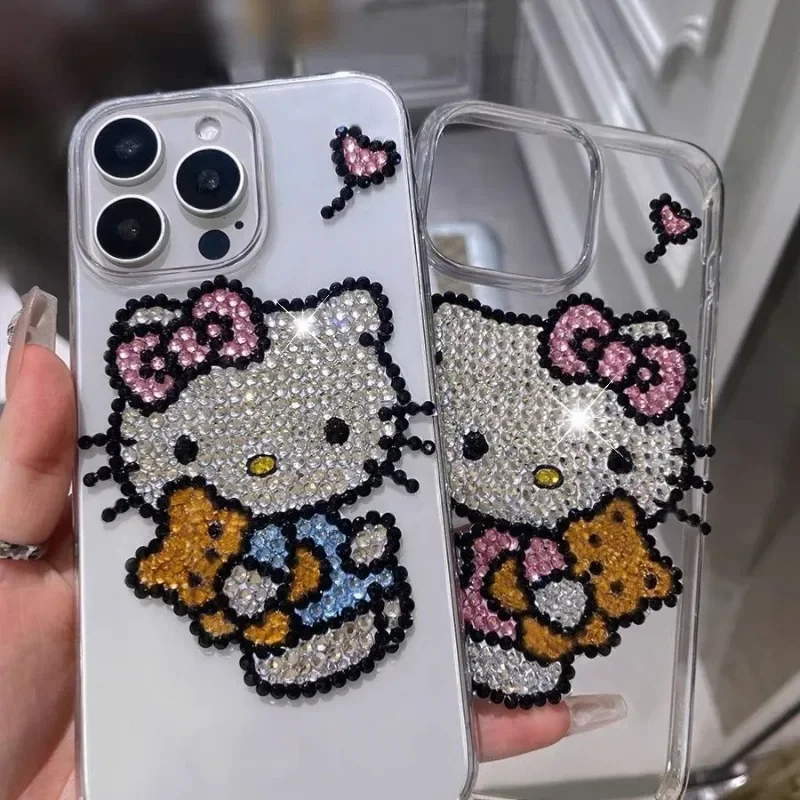 

Sanrio Kawaii Hello Kitty DIY Mobile Phone Case Anime Cartoon Lovely Fashion Exquisite Mobile Phone Protective Covers with Drill