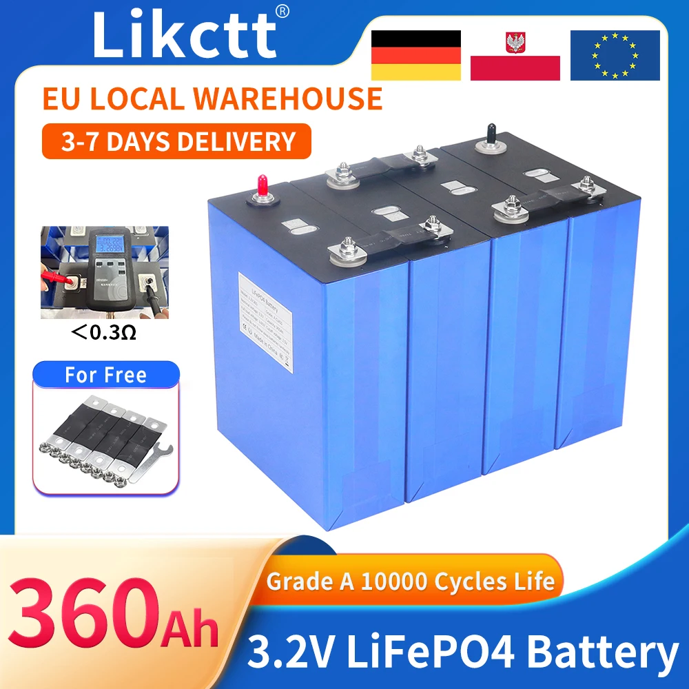 Grade A 3.2V 360Ah LiFePO4 Batterij DIY 12V 24V 36V 48V Oplaadbare 9000+ Diepcyclusbatterij voor Camper, Marine, Jacht, Zonne-energie, EU Voorraad