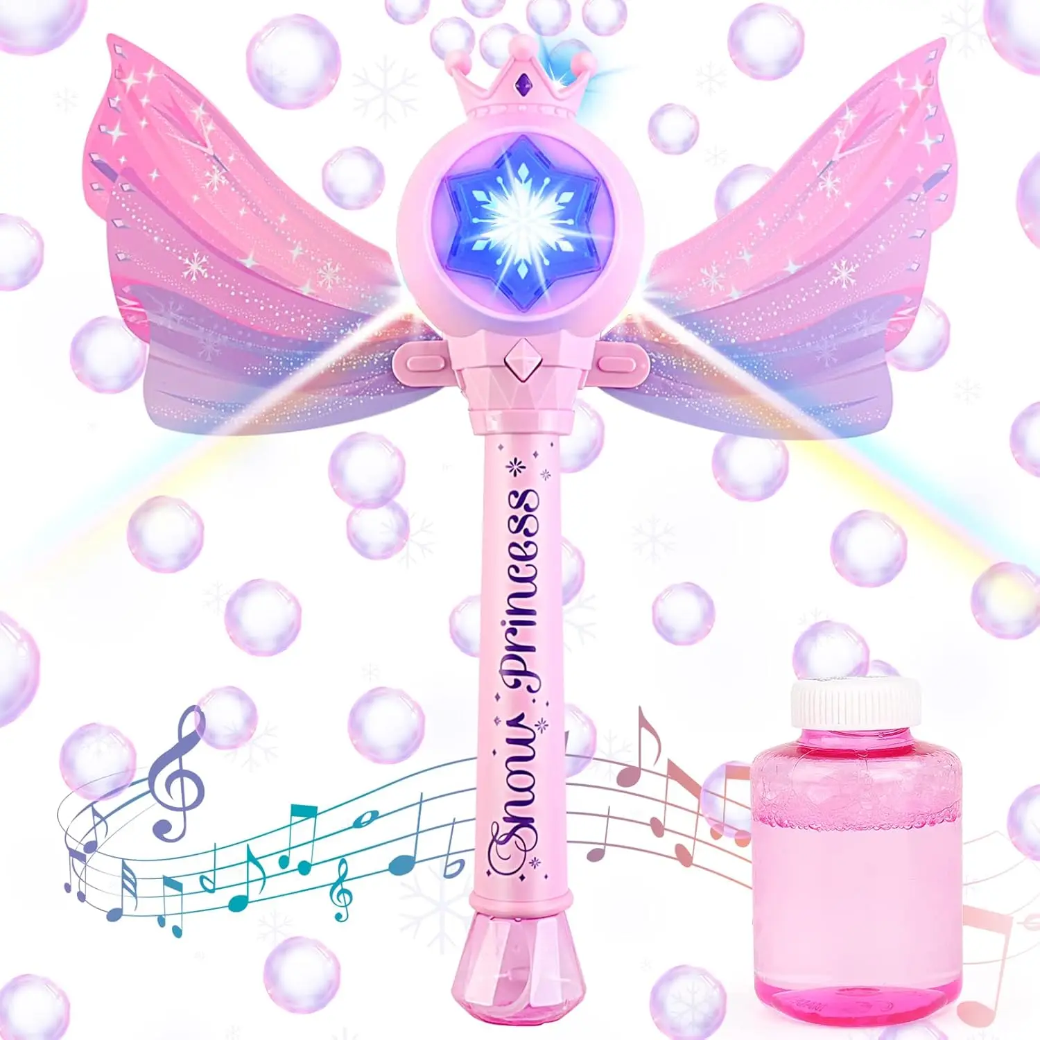 Máquina de burbujas para niños, varita de burbujas brillante de princesa, con música y alas desmontables, juguete para fiestas en jardín, interior y exterior