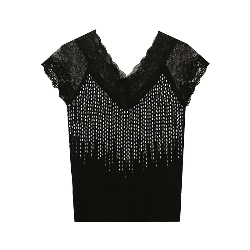 Camisa de encaje de punto de retazos Sexy para mujer, Tops de manga corta con diamantes, Camiseta ajustada con cuello en V para mujer, nueva moda de verano