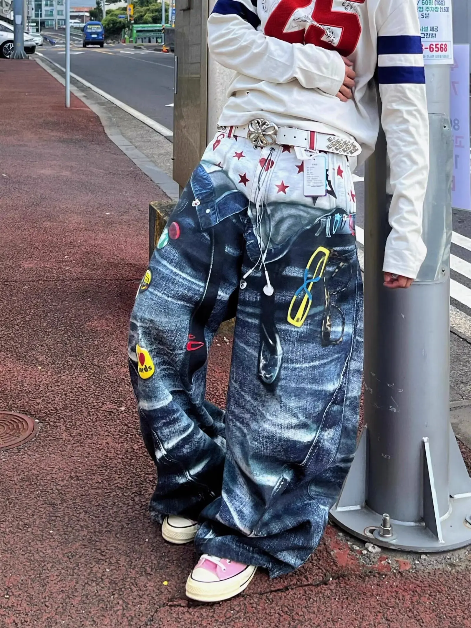 Y2K 3D Printing Double Waistband Jeans Men American Street Retro Baggy Straight Pants Plus Size Trend Mop Floor Pants
