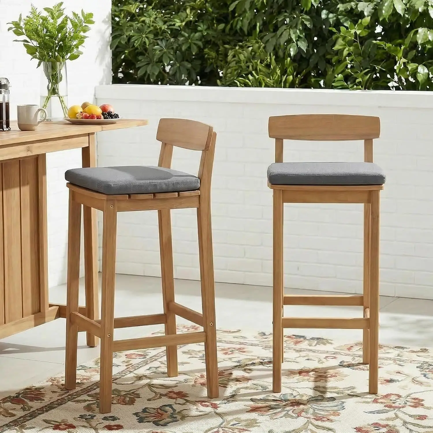 Patio Bar Stools Set of 2, Solid Acacia Wood Patio Barstools with Footrest, 28.5