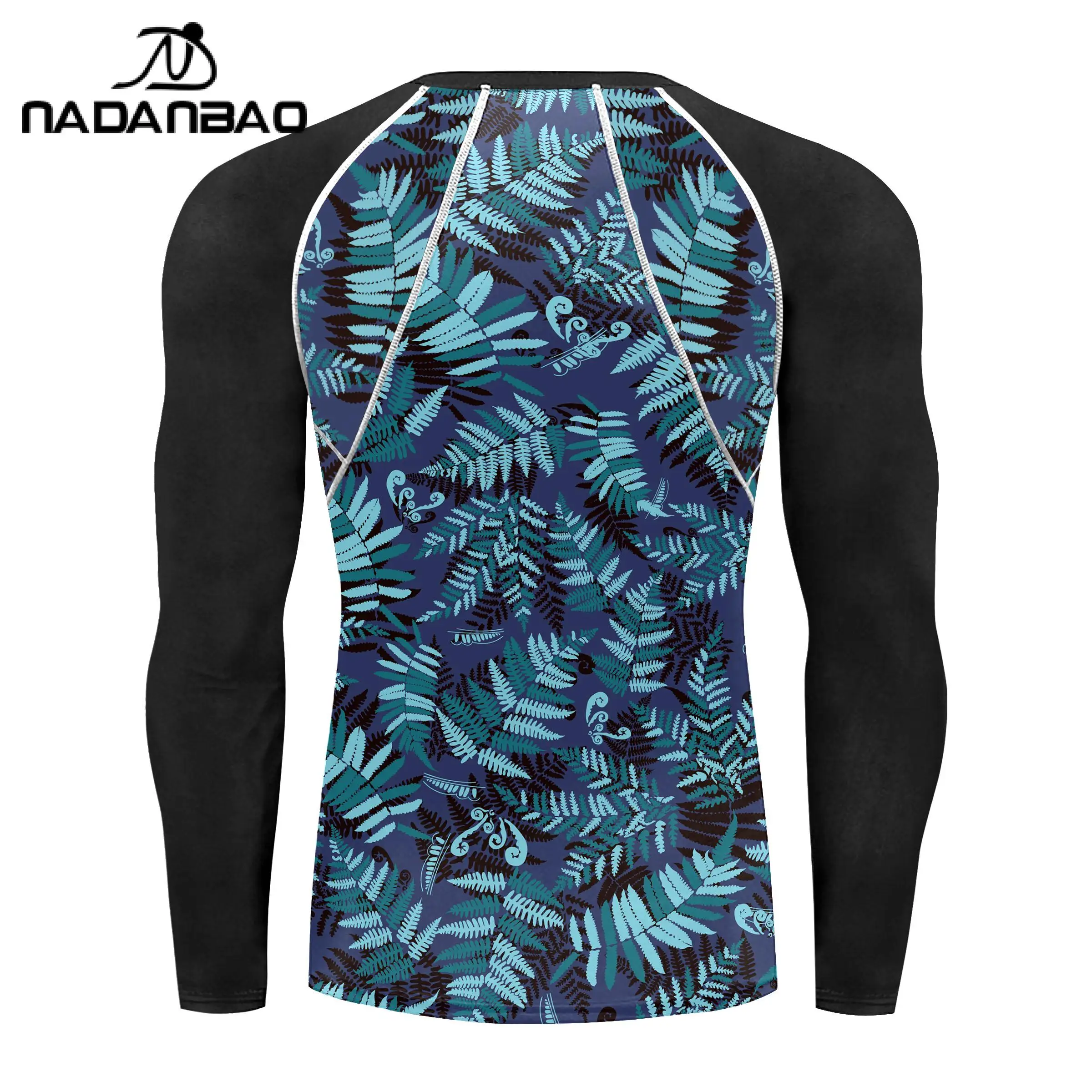 Nadanbao Men\'s Swimwear Gym Top Blue Water Printing Swimsuits Party Long Sleeve Beachwear Summer Fitness T-Shirt Surfing Clothes