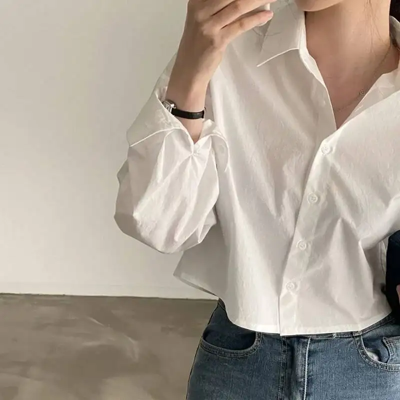 

Lucyever, весенне-летние белые рубашки с длинными рукавами, женские корейские модные укороченные топы на пуговицах сзади, повседневные свободные блузки с лацканами
