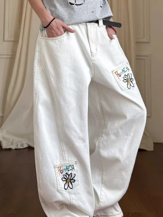 Dames Witte Baggy Jeans Harajuku Vintage Boyfriend Denim Broek Japanse jaren 2000 Stijl Y2k Grunge Jeans Broek Oversize Kleding