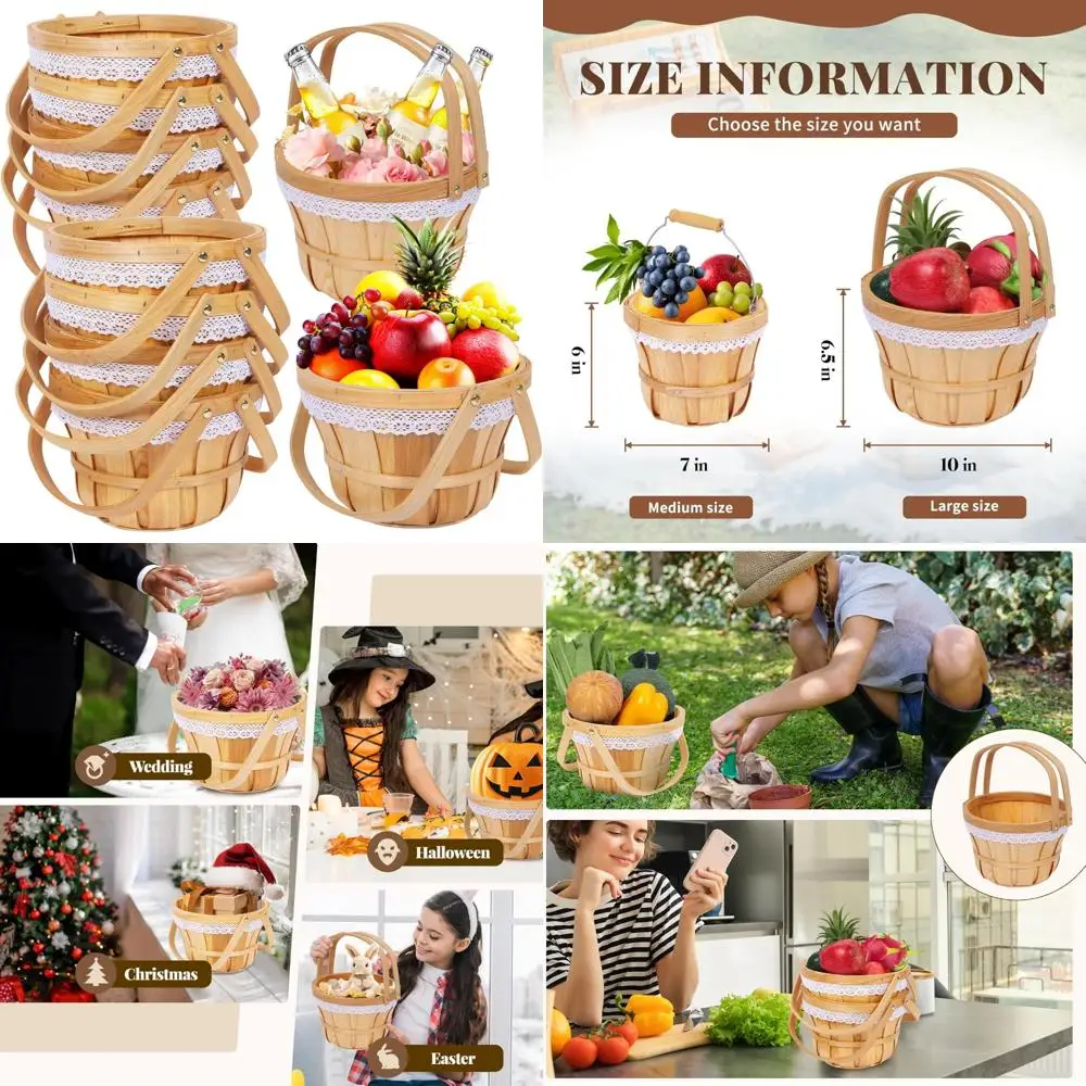 

Деревянная корзина для пикника с корзиной для яблок, 10 x 6,5, тканая садовая корзина с фруктами для фермы на открытом воздухе, идеально подходит для фруктов, овощей и