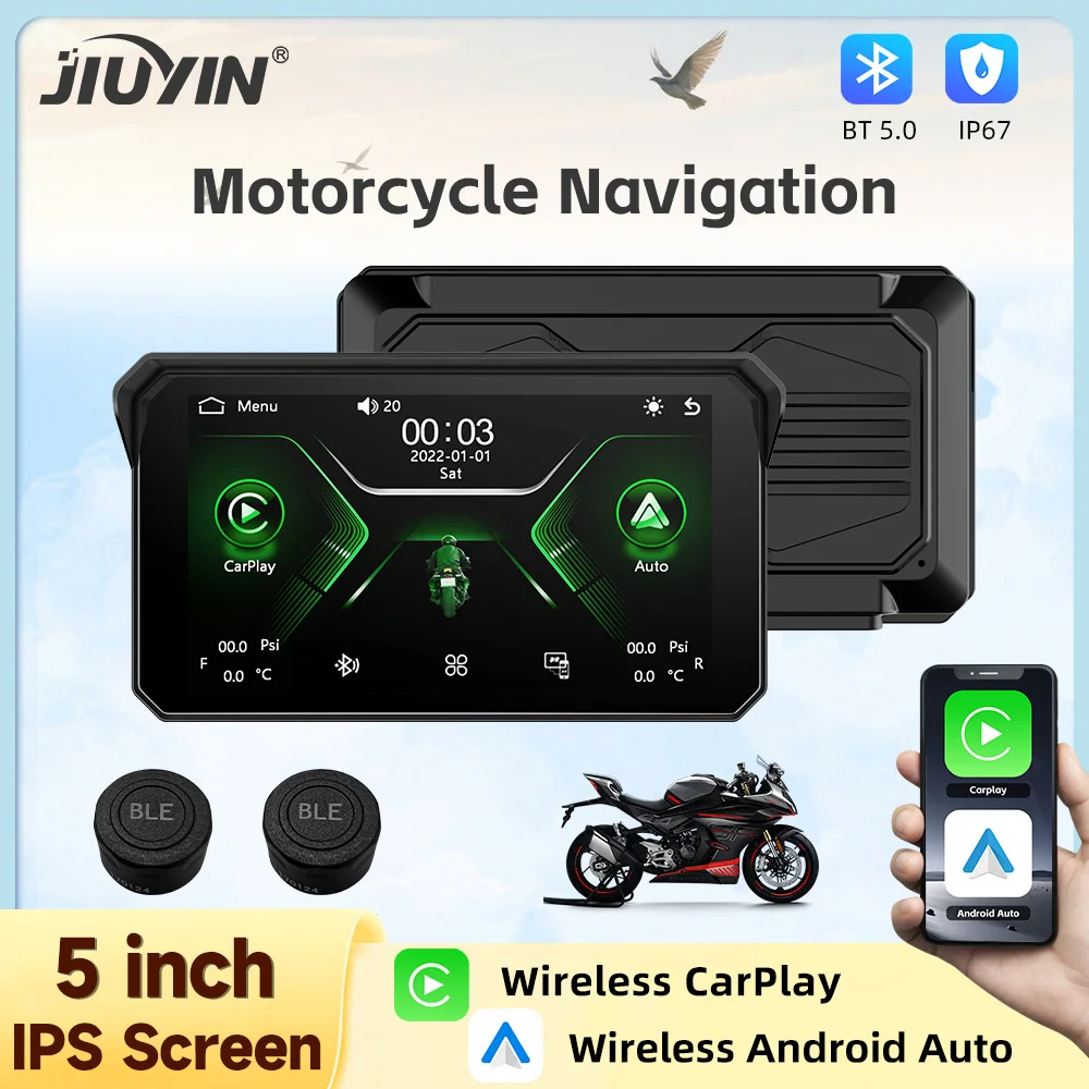 JIUYIN 5.0 inch Motorcycle Wireless CarPlay Android Auto Portable Digital Moto Dashboard GPS Navigation Removable Display Screen