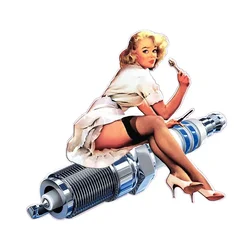 Classic Spark Plug Pin Up Girl Cartoon Decal Self-adhesive Hot Rod Car Sticker Auto Motorcycle Biker Decoration 13cm x 12.5cm