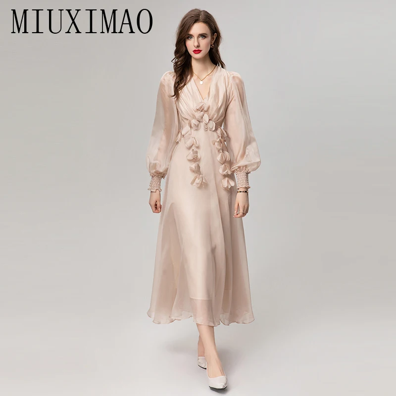 

MIUXIMAO 2024 Autumn Women's Fashion dress Bandage Backless V-neck Lantern Sleeve Applique Sexy Party Elegant Holiday Dresses