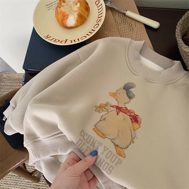 2023 Winter Children\'s Sweatshirt Kids Casual Pullover Tops Clothes Boys Girls Cute Duck Clothing Toddler Plush Pullover 2-8Y