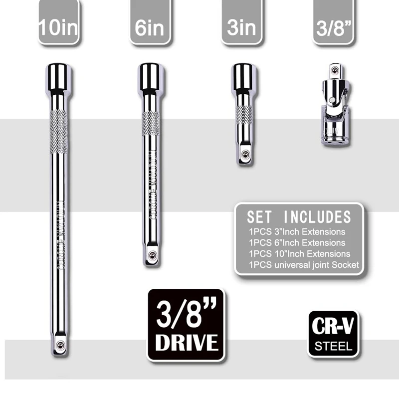 4 Piece 3/8 Inch Drive Extension Bar Set, 3/8 Inch Drive Socket Extension Set Includes 3, 6, and 10 Inch Extensions-A28R